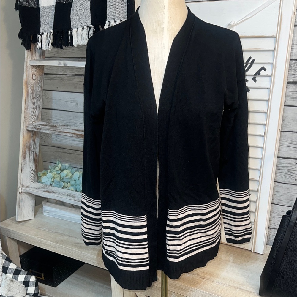 Premise Studio Chic Black Tan Striped Women's Open Cardigan